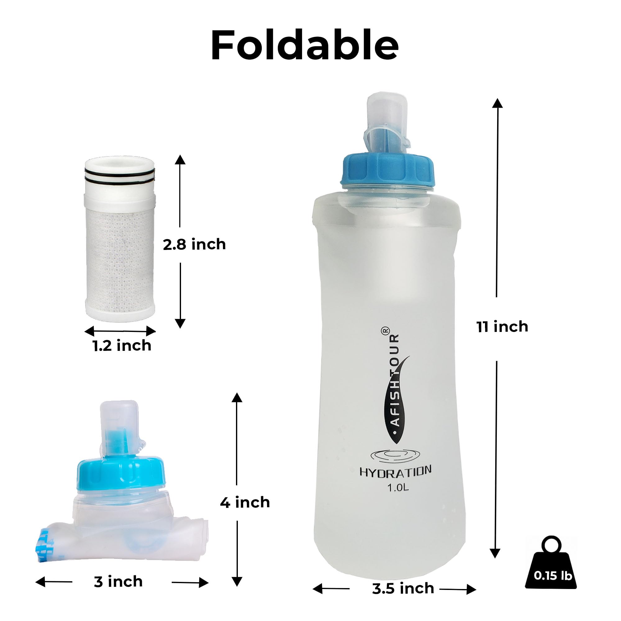 AFISHTOUR Soft Flask with Filter, 1000ml BPA-Free Collapsible Soft Water Bottle with Filter for Trail Running, Hiking, Cycling, Fishing, Travel