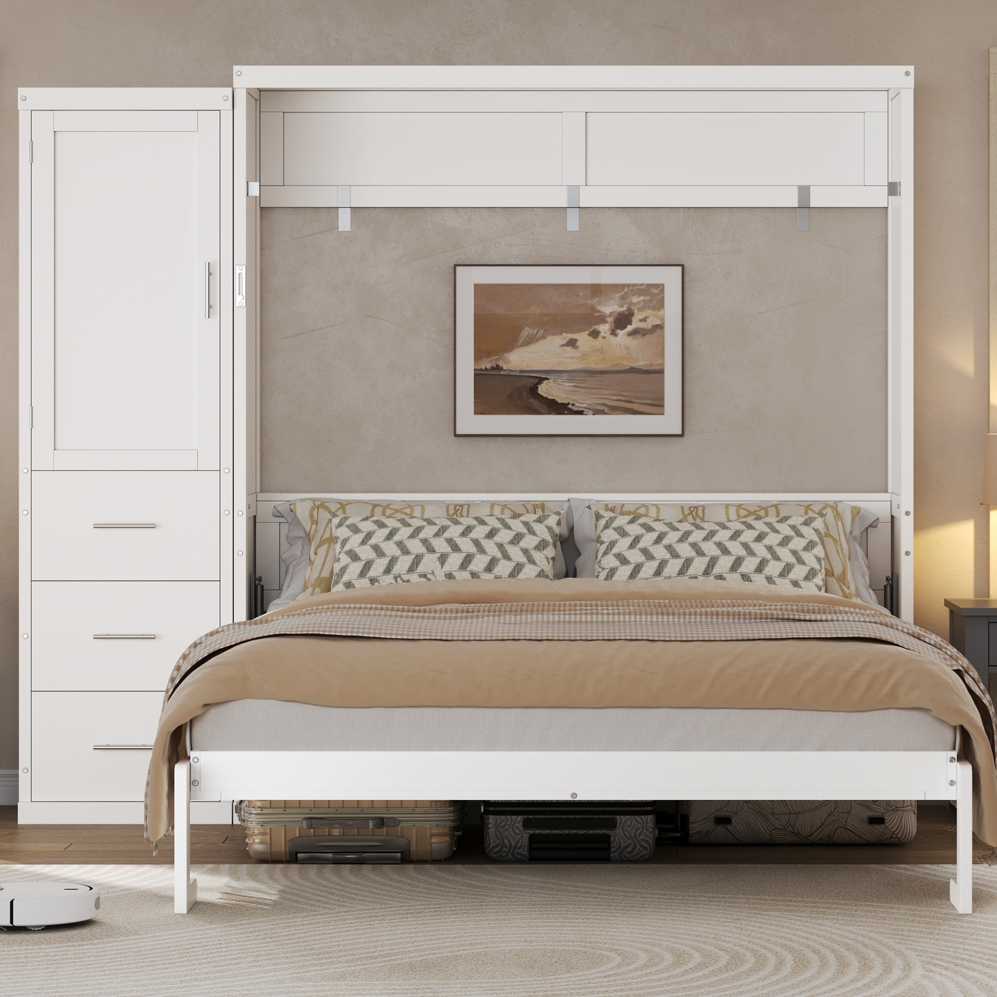 Euroco Wood Queen Size Murphy Bed with Drawer, Convertible Bed into Cabinet with USB Charging Station, White