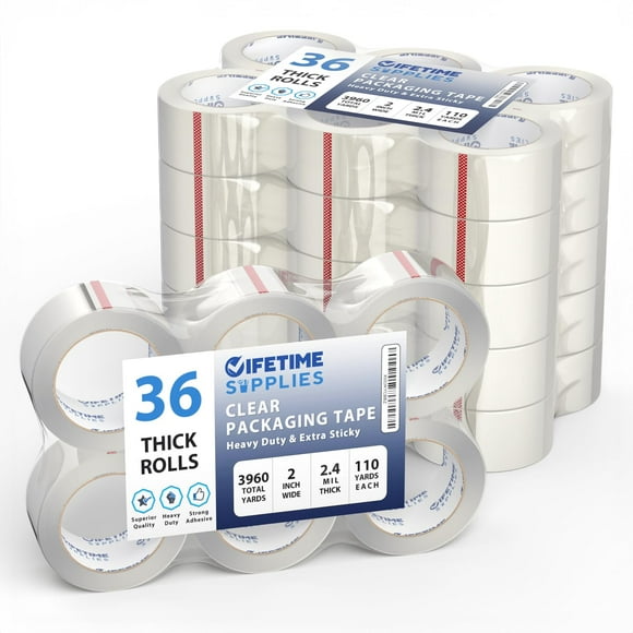 Cinta de embalaje Lifetime Supplies, 36 rollos, transparente de 2" y 2.4 mil
