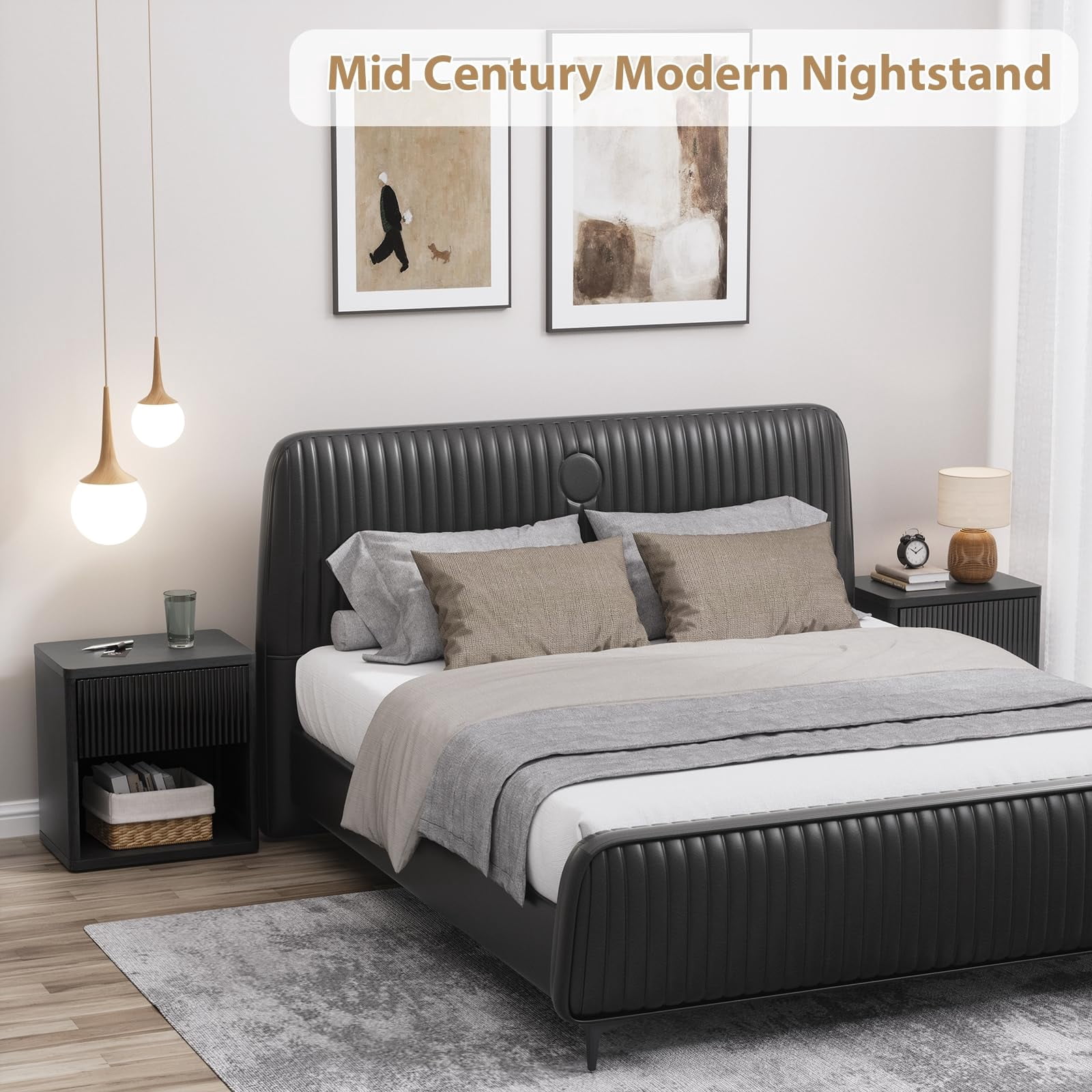 Brafab Mid Century Modern Nightstand Set of 2 with Hidden Drawers and Open Shelves, 22.8" W