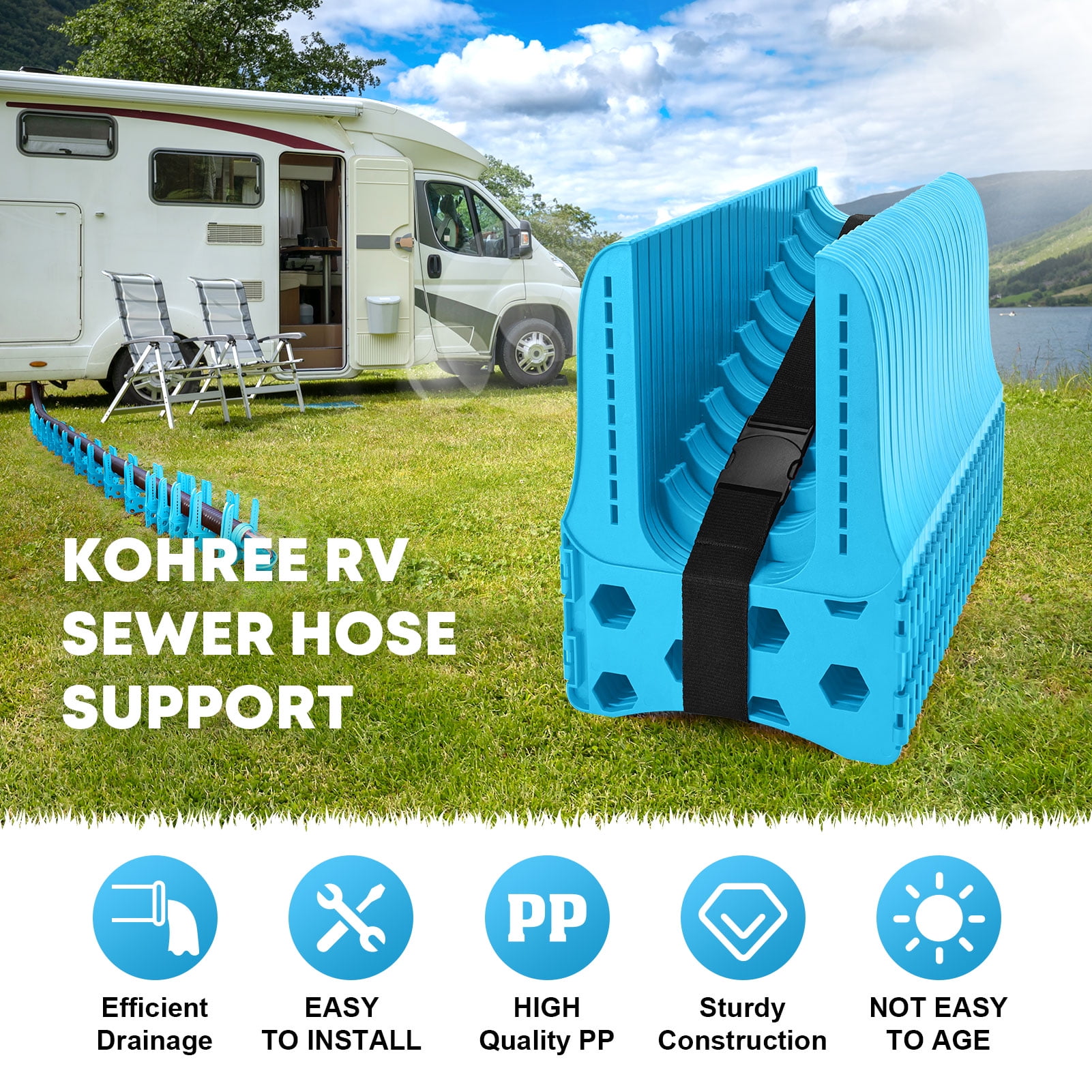 Kohree RV Sewer Hose Support,Heavy-Duty with Height Adjustable for Campers,Blue - 20-Foot