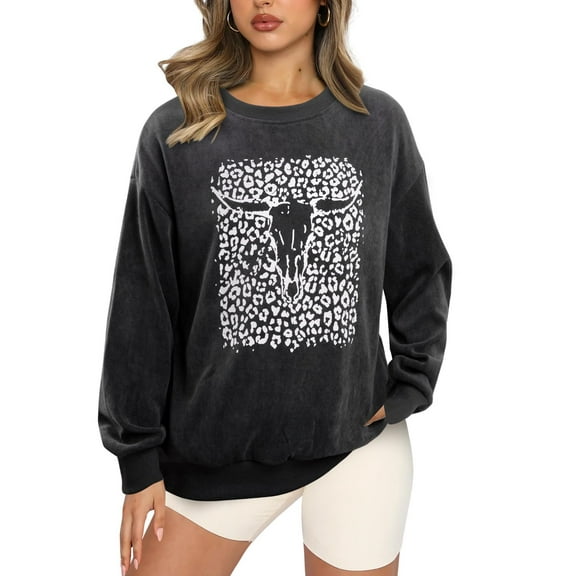 ALLTB Boho Cow Skull Sweatshirt Women Oversized Casual Cowgirl Western Graphic Tee Country Concert Outfits Pullover Tops