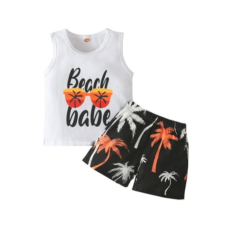 

Bagilaanoe Toddler Baby Boy Clothes Set Sleeveless Letter Tank Top Palm Tree Shorts Kids Summer Two-Pieces Outfit