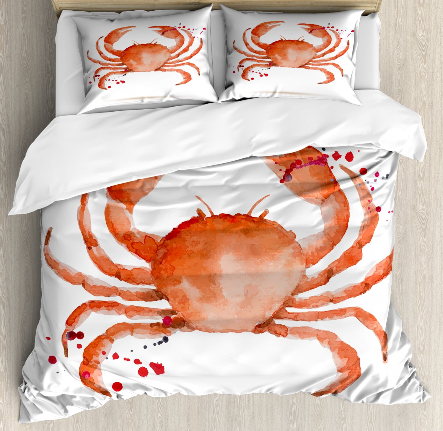 Crabs Duvet Cover Set, Sea Animals Theme in Watercolor Style Effect a Big Crab on White