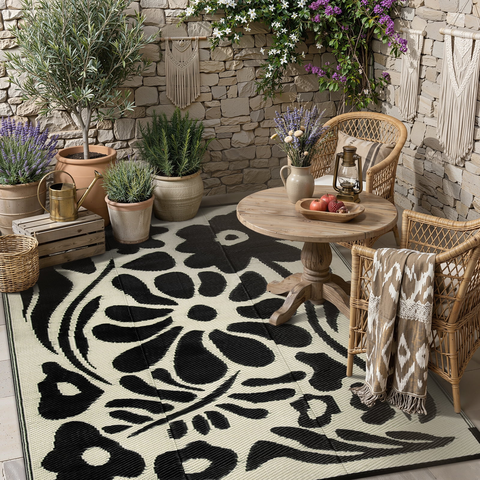 Lahome Waterproof Outdoor Rug 4'x6', Reversible Plastic Straw RV Camping Mat - Portable Abstract Flower Patio Carpet for Deck, Backyard, Balcony, Garden (Black & White)