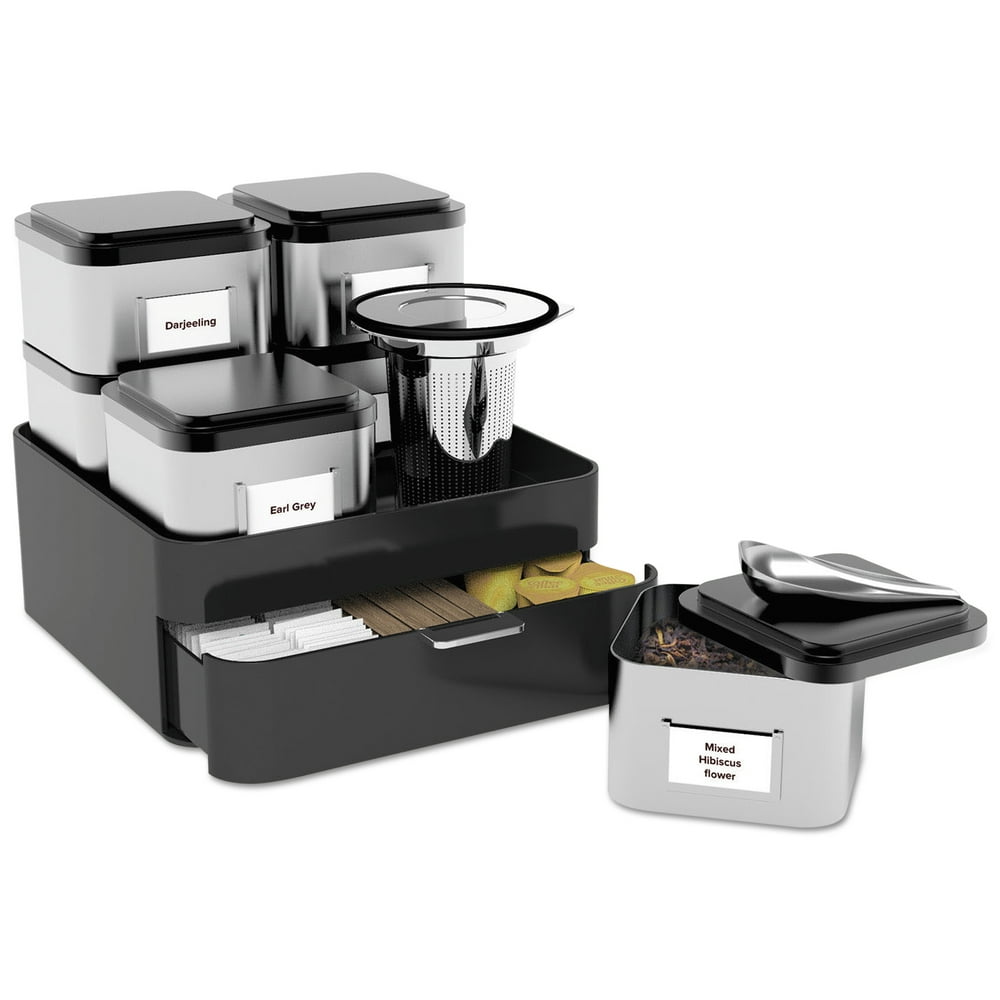 Mind Reader LooseLeaf Tea Organizer, Black/Silver, 6 Canisters With 1