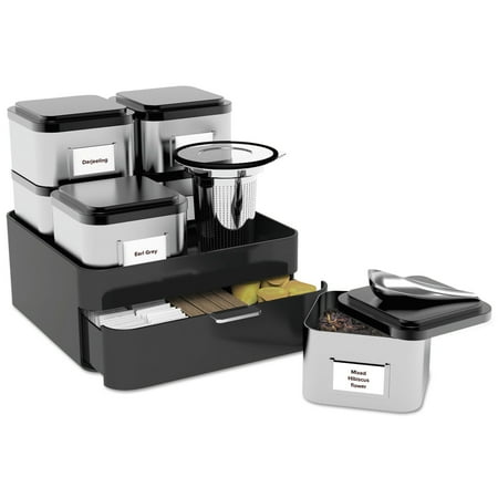 UPC 887530004612 product image for Mind Reader Loose-Leaf Tea Organizer, Black/Silver, 6 Canisters With 1 Tray | upcitemdb.com