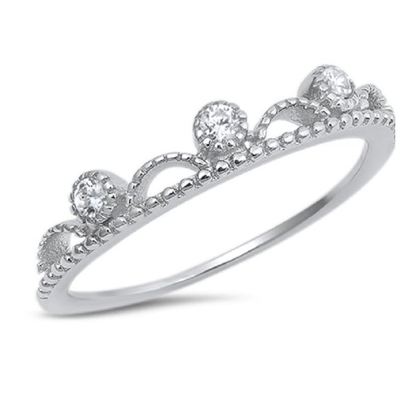 Clear Bezel Set Cubic Zirconia Decorative Beaded Ring Sterling Silver