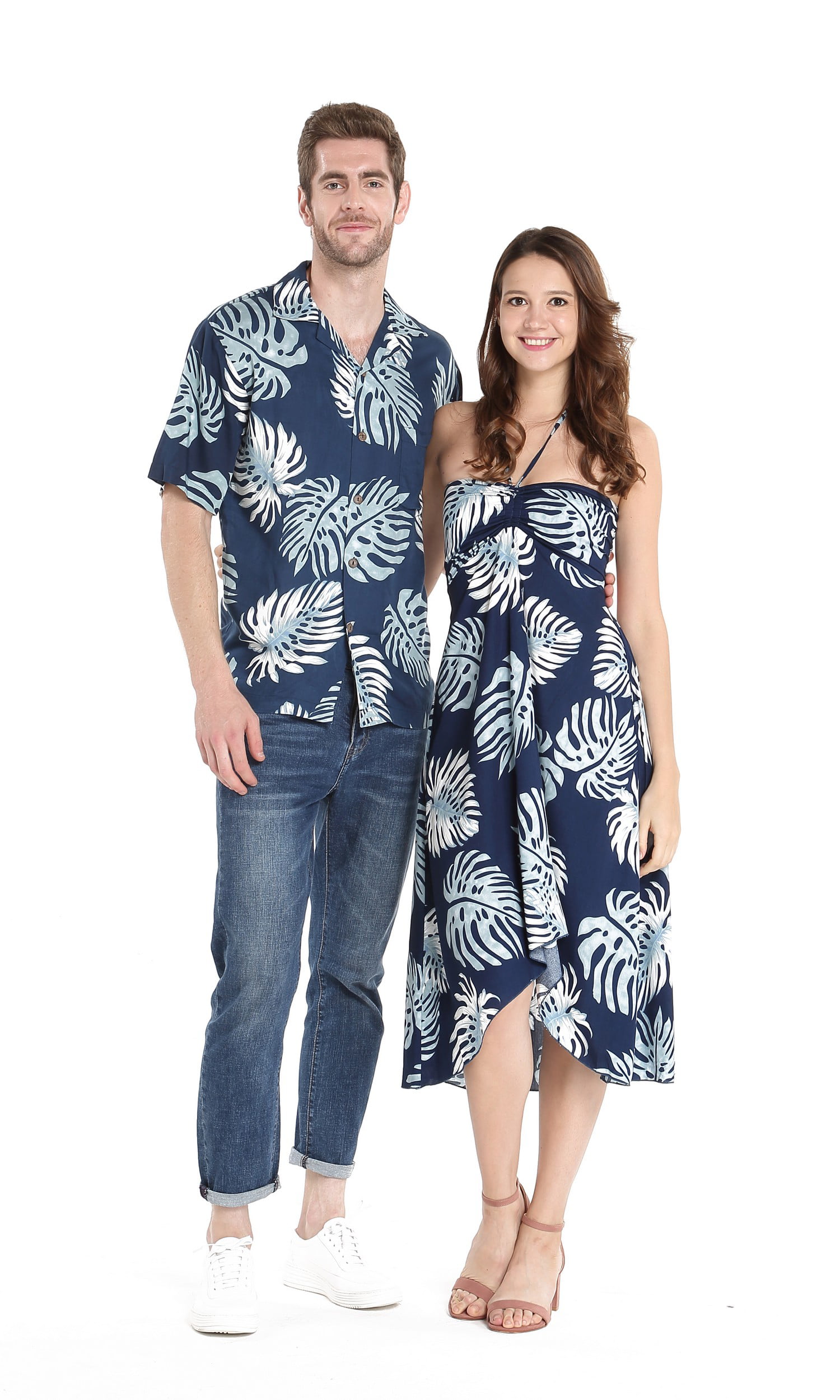 Couple Matching Hawaiian Luau Party Outfit Set Shirt Dress in Wedding White  