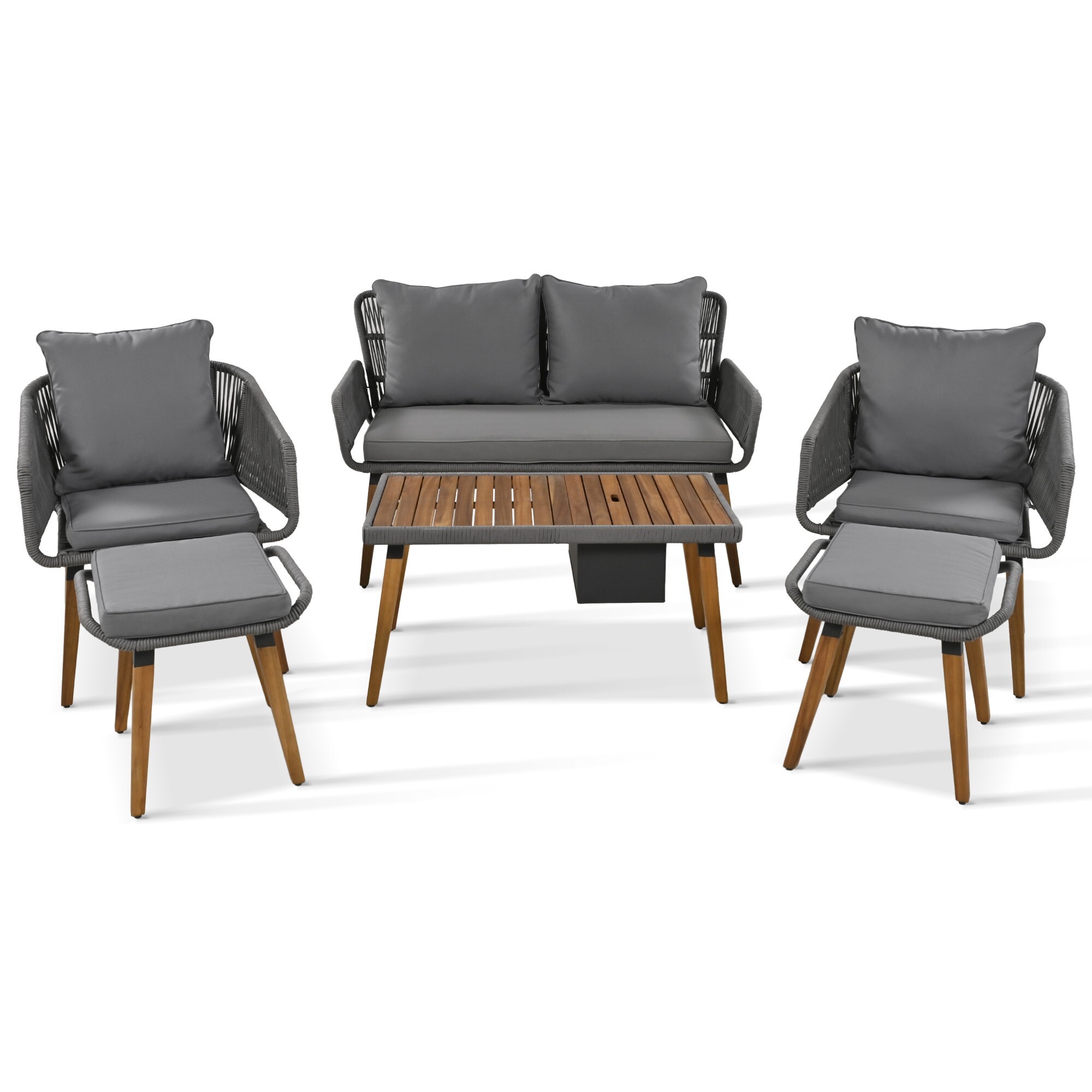 AENKYO 6-Piece Outdoor Patio Furniture Set, Patio Conversation Set with Cushioned Rope Woven Chairs, Cool Bar Coffee Table with Ice Bucket, Dark Gray