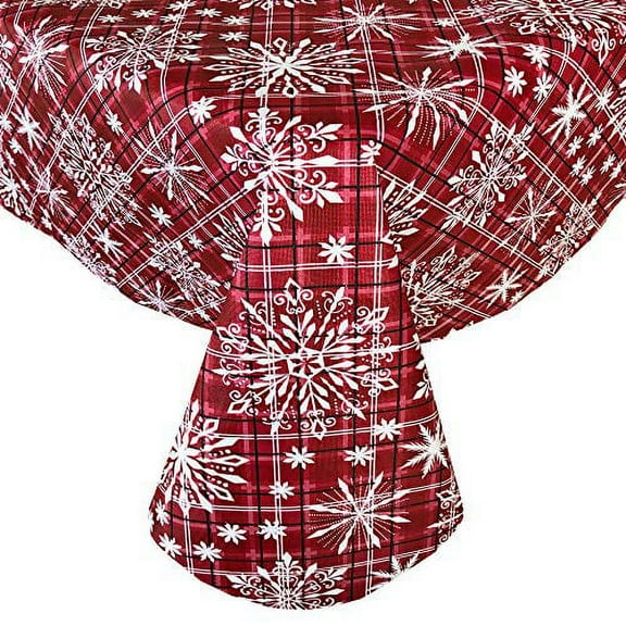 Newbridge Winter Sparkle Snowflake Red and Silver Grey Vinyl Flannel Backed Tablecloth - Red Snowflake Print Wipe Clean Holiday Tablecloth, 60 In x 102 In Oblong