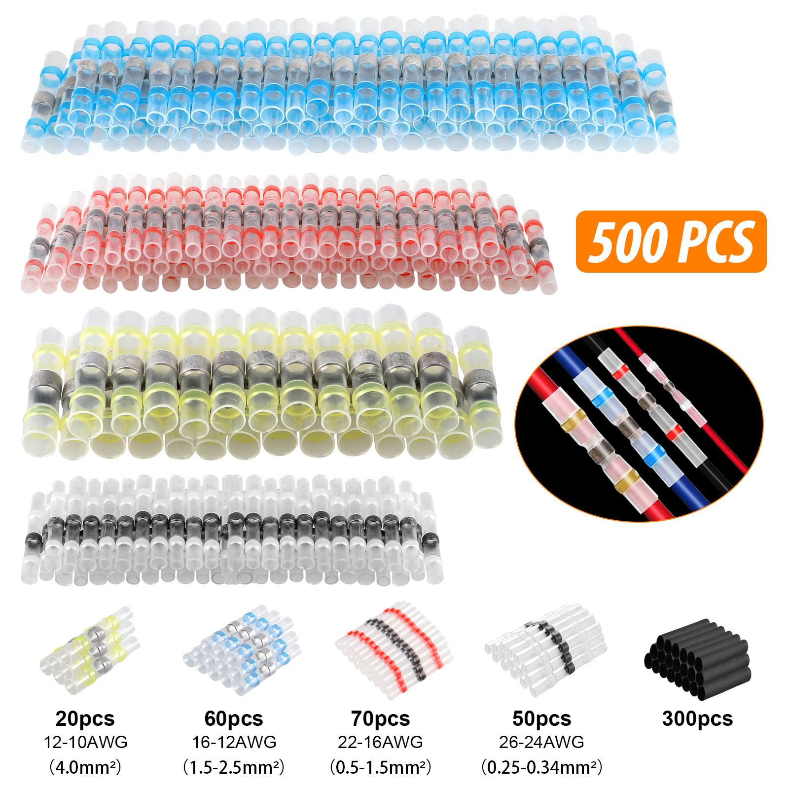 500pcs Solder Seal Sleeve Heat Shrink Butt Wire Connectors Terminals Waterproof