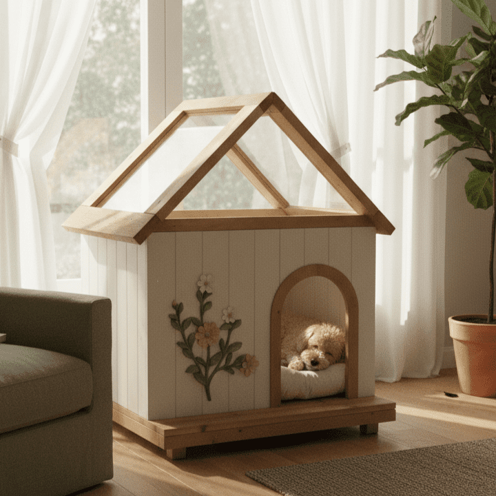 FSC Cedar Cat House with Clear Acrylic Roof and Cushion, Wooden Indoor Outdoor Cat Shelter Furniture for Small Dogs and Cats, Floral Carved Design, White Wood