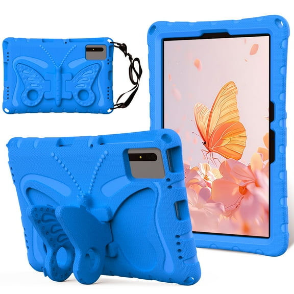 Kids Case for Samsung Galaxy Tab S9 FE/ Tab S9/ Tab S8/ Tab S7 11 Inch, Cute Butterfly Design Soft EVA Rubber Kicksand Shoulder Strap Lightweight Kids Friendly Washable Case for Girls Boys, Lightblue