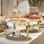 WARMOUNTS Chafing Dish Buffet Set, 5QT 2 Pack Gold Accent Stainless Steel Chafers and Buffet Warmers Sets with Glass Lid & Lid Holder for Parties Catering Events Weddings Banquets