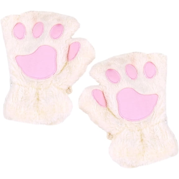 1 Pair of Children's Cat Claw Gloves, Girls' Autumn and Winter Warm Gloves, Plush Warm Fingerless Gloves, Windproof Warm Gloves, Cute Thickened Velvet Half-Finger Cat Gloves (White)