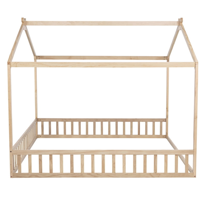 Double Twin Size House-Shaped Canopy Floor Bed with Safety Guardrails, Kids Wooden Low Profile Bed Frame with Open Roof Design