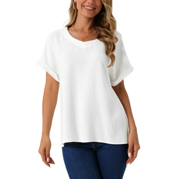 INSPIRAR CHIC Blusas de Lino para Mujeres, Camisetas de Manga Corta, Ropa Casual Básica de Verano, Blusa Suelta de Color Sólido L Blanca