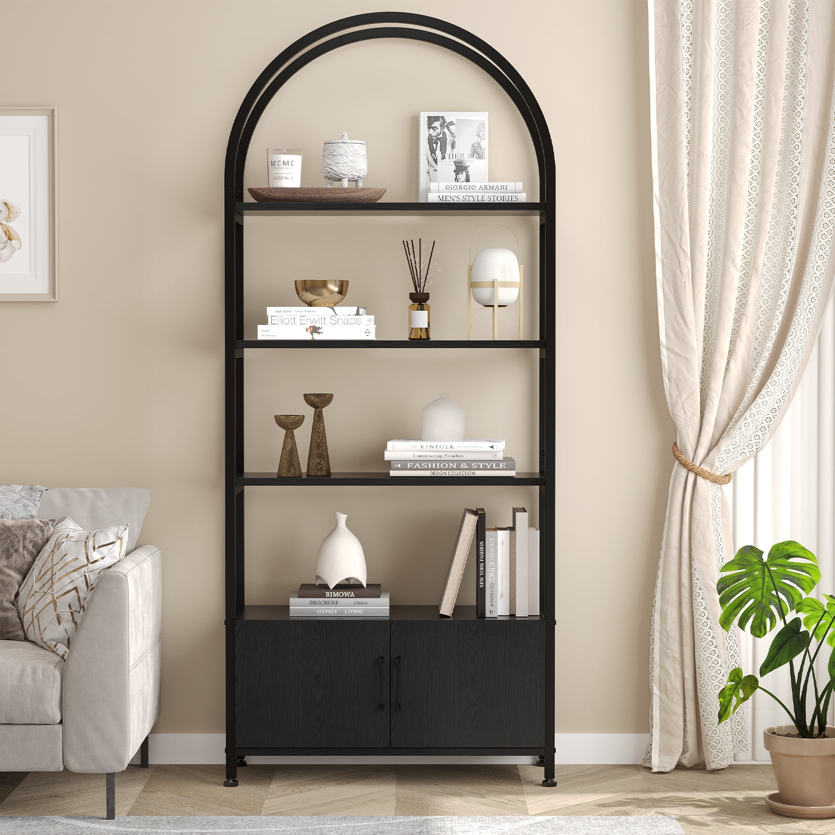Towallmark 4-Tier Gold Bookshelf with Doors StorageBook Shelf, 71.5“ Tall Arched Book Shelf with Studry Metal Frame and Quality Board for Bedroom Living Room