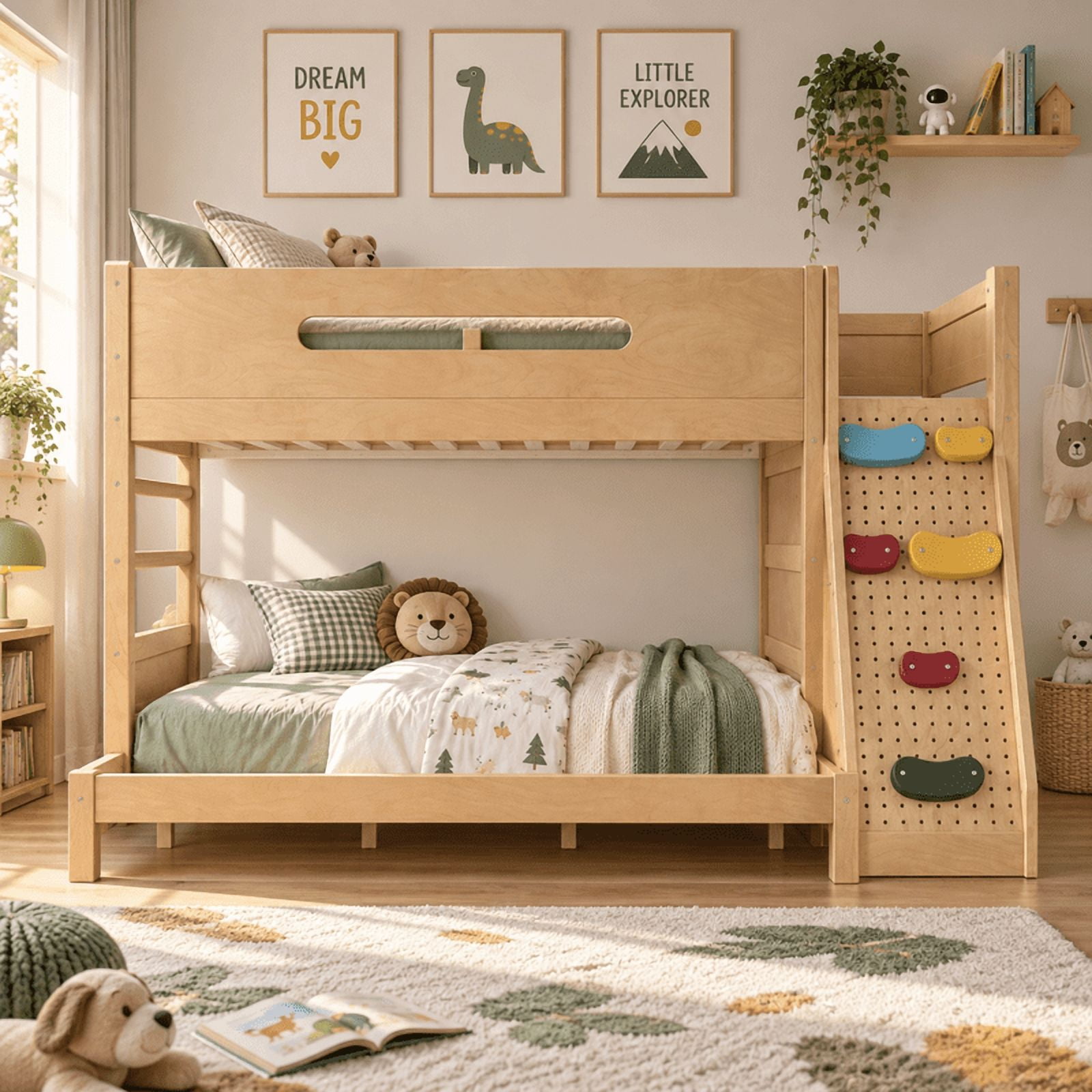 Twin XL Over Queen Bunk Bed with Built-In Wardrobe & Storage, Solid Wood Kids Bunk Bed with Guardrails, Rock Climbing Wall & Upgraded Slats, No Box Spring Needed