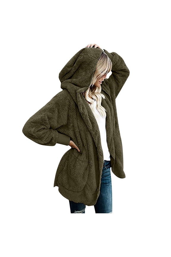 Women Oversized Hooded Sherpa Cardigan Fuzzy Fleece Jacket Winter Open Front Cardigans Outerwear With Pockets