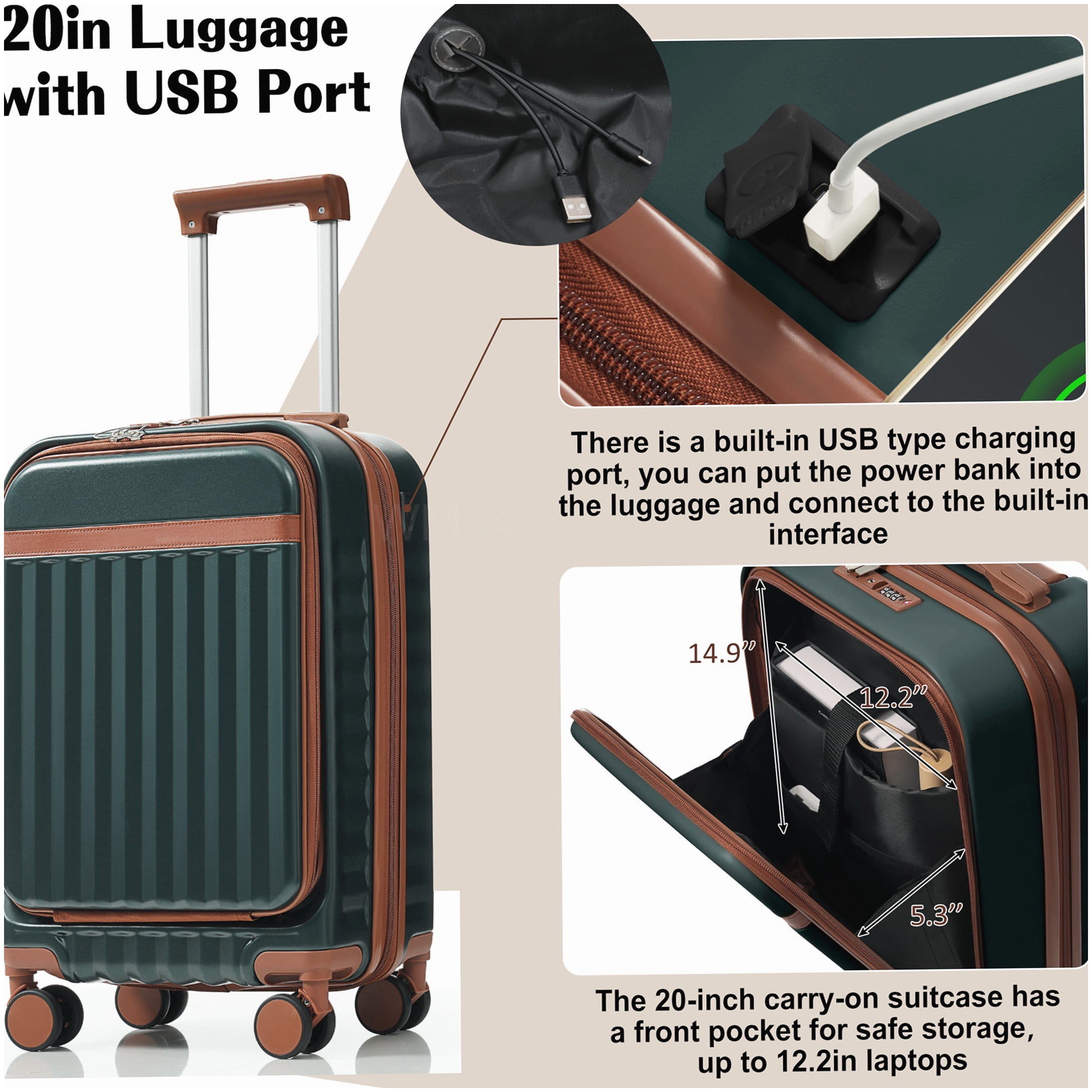 MANGIJOY Airline Approved Carry-On Luggage with USB Port - 3 Piece Hardshell Spinner Set in Dark Green, Front Opening, ABS Material, TSA Lock