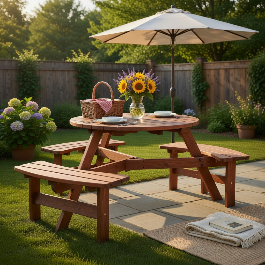 Hommoo 6-Person Wooden Picnic Table Set with Benches & Center Umbrella Hole, Fir Wood Outdoor Dining Set for Patio, Lawn, Deck, Dark Brown