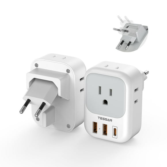 TESSAN European Travel Plug Adapter 2 Packs, Type C Europe Adaptor Foldable Plug 4 Outlets 3 USB(1 USB C PD 20W), US to Spain France Italy Germany Denmark