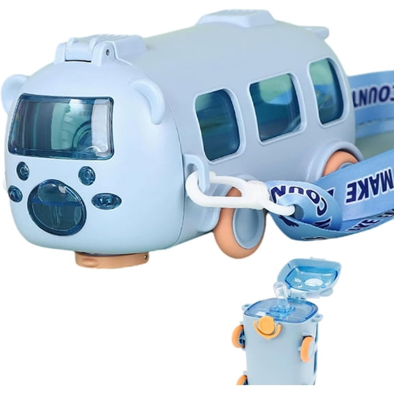Portable Water Cup in Bus Shape with Strap, 360° Leak-Proof Bounce Flip Top Drinking Bottle, Bounce Flip Top Straw Water Bottle for Kids, 16 Oz Water Bottle Bus Water Cup Blue