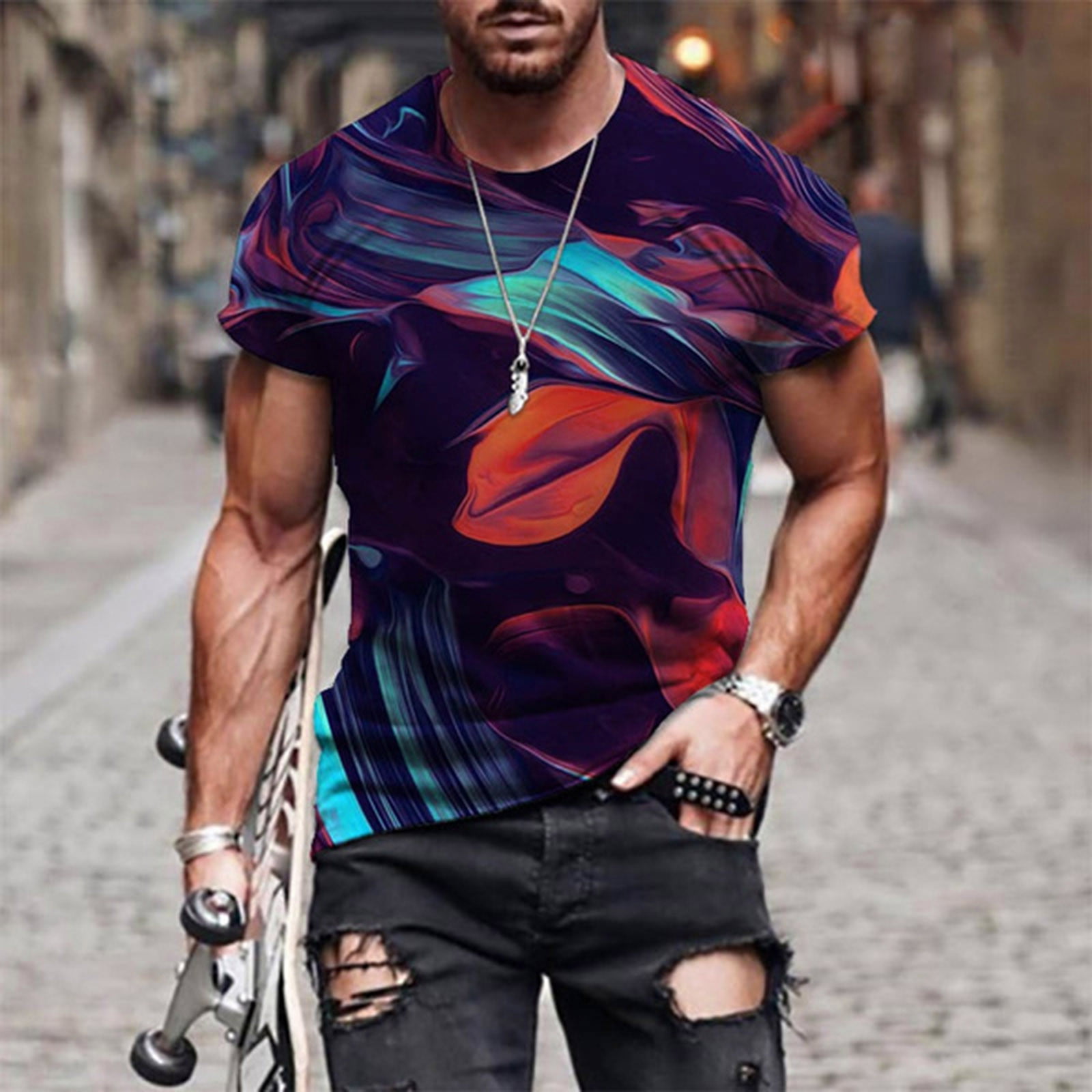 Mens 3D cat Graphic Printed Tees Cool Muscle Mens Short Sleeve Heavyweight Crew Neck T-Shirt Blouse