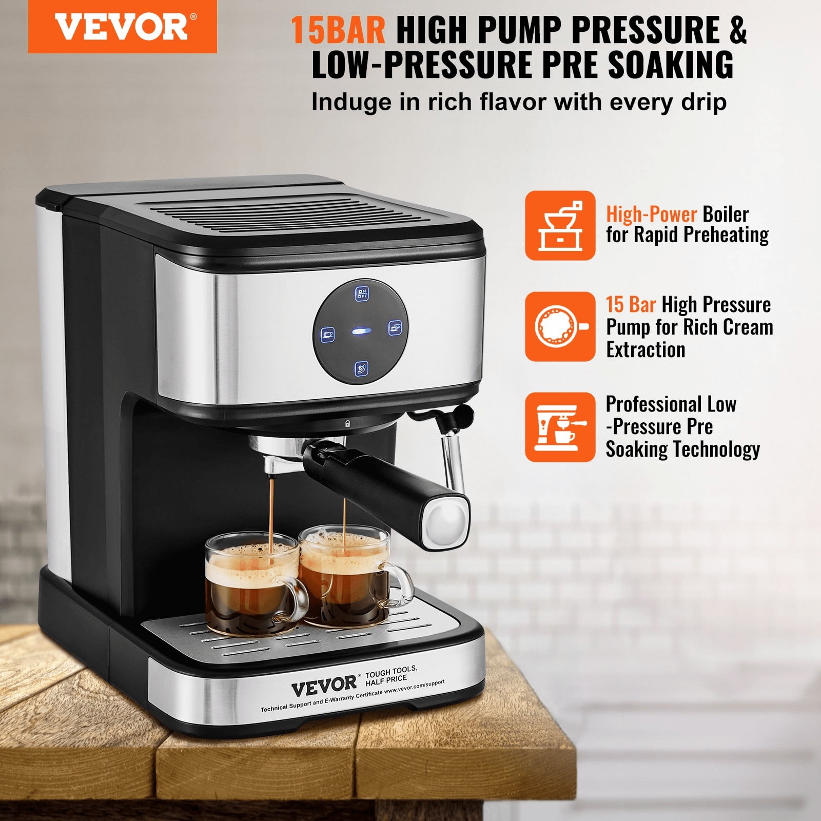 Gourmia 4-Shot Steam Espresso, Cappuccino, and Latte Maker