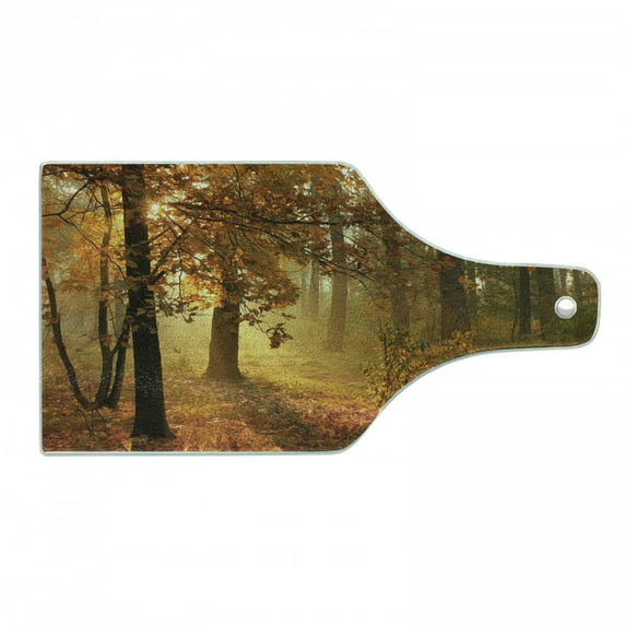 Fall Cutting Board, Misty Autumnal Forest with Rising Sun Early Morning in Foggy Woods Scenery, Tempered Glass Cutting and Serving Board, Wine Bottle Shape, Orange Brown Green, by Ambesonne