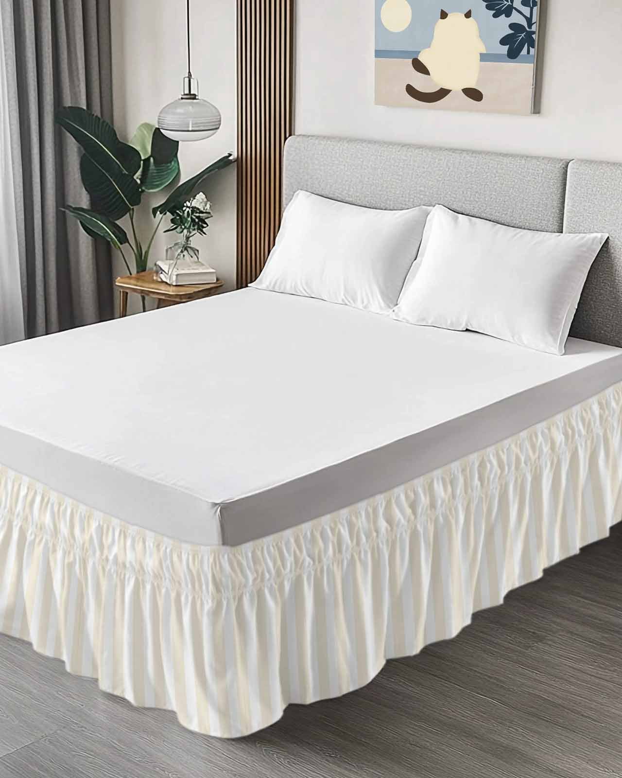 Cream and Bed Skirt Queen Size 16&nbsp;Inch Drop, White Striped Geometric Wrap Around Dust Ruffle Bedskirts, Wrinkle & Fade Resistant Easy Fit Bedskirt with Adjustable Elastic