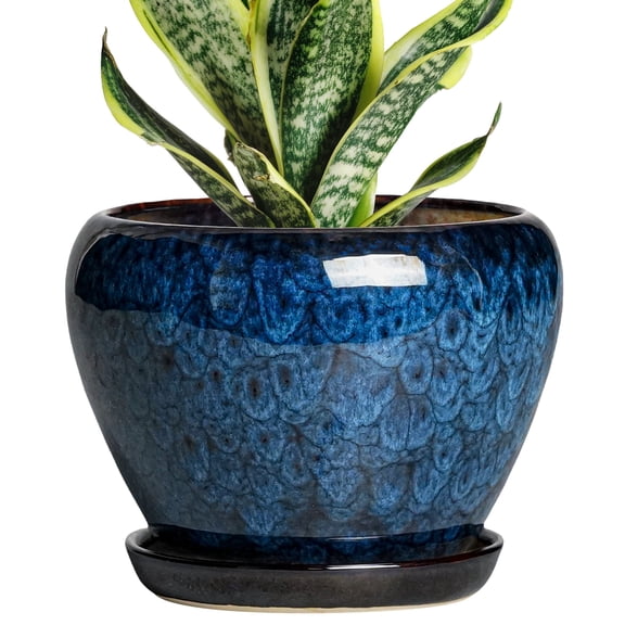 6 Inch Plant Pot - Ceramic Pots for Plants with Drainage Hole and Saucer, Round Succulent Planter Indoor Outdoor, Modern Flower Pot for Snake Plants, Home Decor, Gifts for Plant Lover, Blue