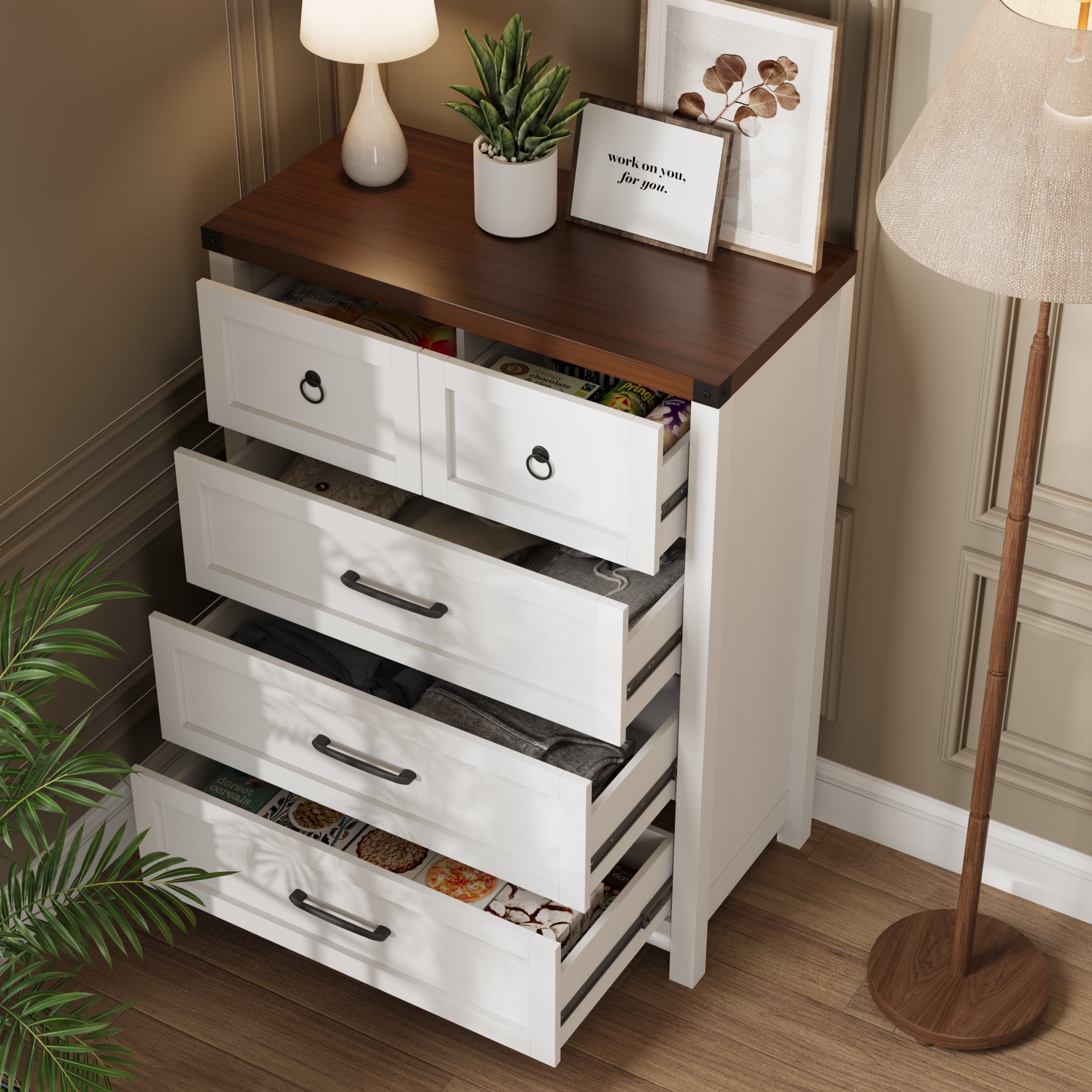 Vabches White 5 Drawer Dresser 41.3" Tall, Wood Wide Chest of Drawers for Bedroom Entryway Living Room Closets