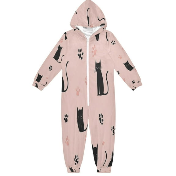 Soft Big Kids Onesie Pajamas Cozy Loose-Fit Jumpsuits for kids with Pockets for Christmas Lounge & Play Black Cat and Cat's Paw