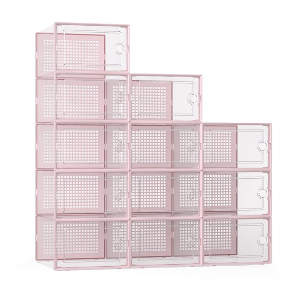 Cajas para guardar zapatos Kuject, tamaño XL, plástico transparente, paquete de 12 unidades, color rosa