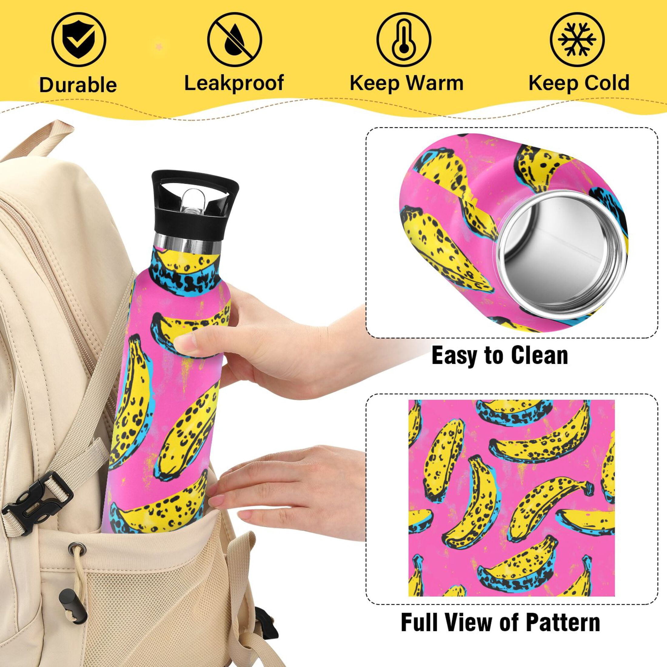 Kids Insulated Stainless Steel Sports Water Bottle 600ml (20oz) Bananas Pattern