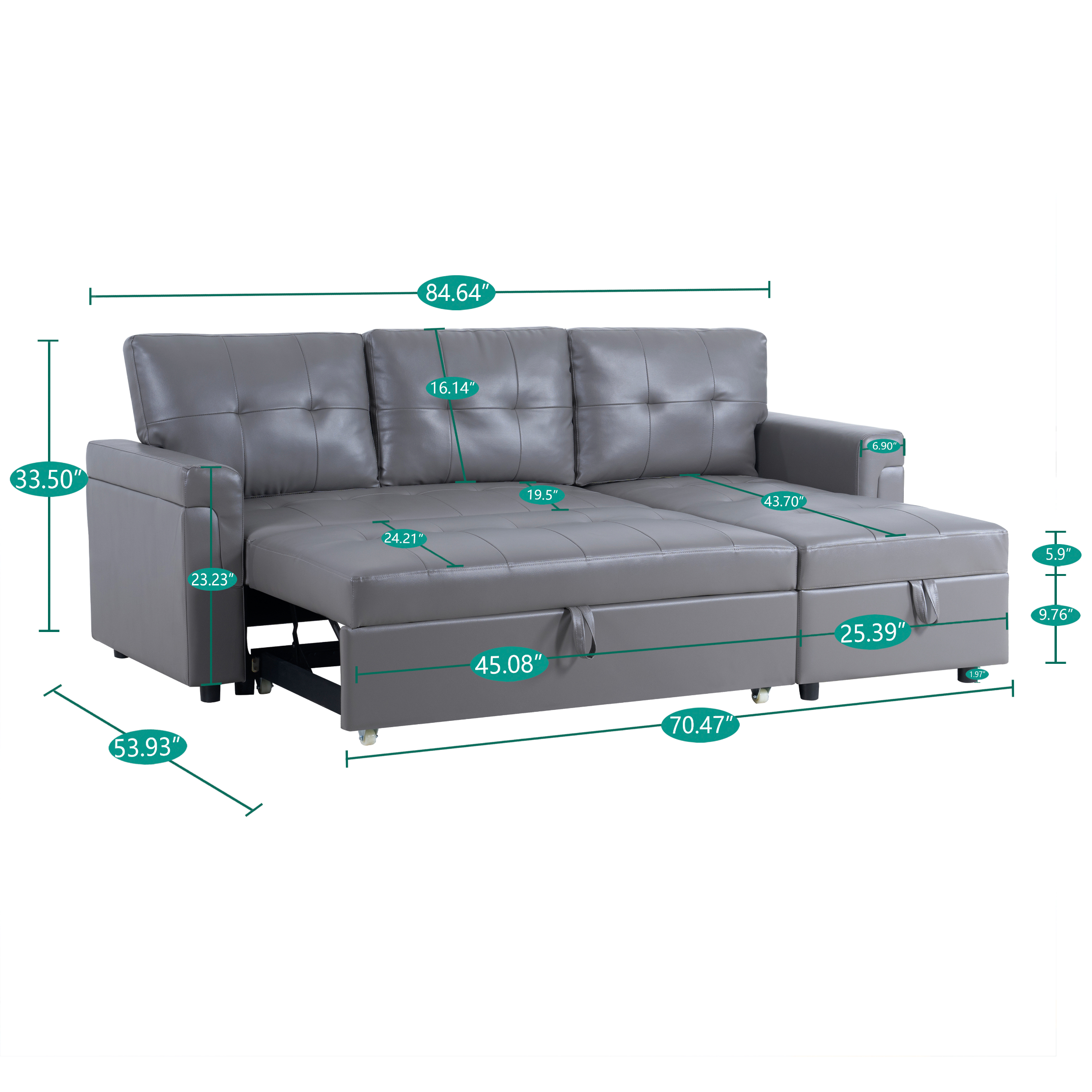 78 in. W Convertible Sleeper Sectional Sofa, L Shaped Couch for Small Space Living Room, Storage Chaise, L Shaped Pull Out Sofa - Gray,Air Leather