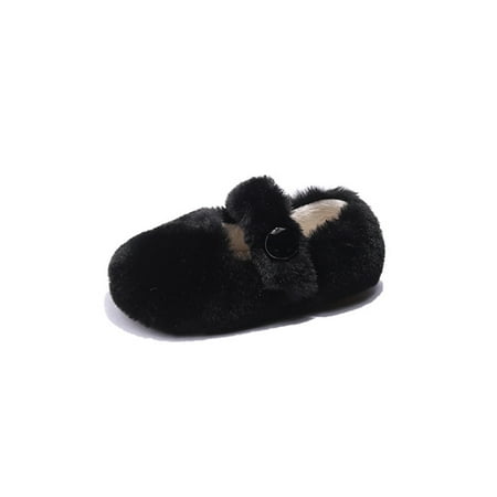 

Eloshman Girl Slippers Comfort Warm Shoes Fluffy Fuzzy Slipper Winter Breathable Soft Plush Mary Jane Lightweight Flats Black 10C