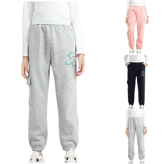 Zwiiyzr 8-14Y Girls Cargo Jogger Pants Winter Star Print Casual Warm Fleece Lined Pants for Kids Outdoor Comfortable Trousers Navy