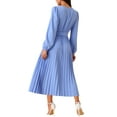 thumbnail image 3 of INSPIRE CHIC Women's Pleated Dress Puff Long Sleeve V Neck Belt Waist Dress L Blue, 3 of 5