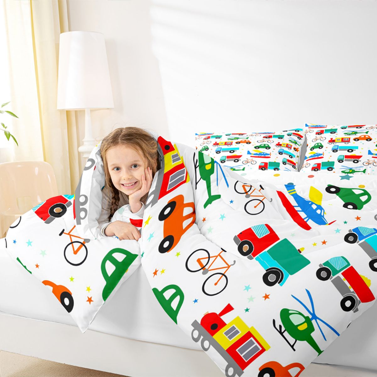 Manfei Colorful Cartoon Cars Bedding Comforter Set,Modern Aircraft Aitplane Twin Comforter Sets,Cute Multicolor Stars Bedding Set For Boys Girls,Super Cozy Room Decor Reversible,2pcs