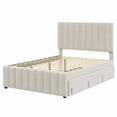 thumbnail image 5 of Full Size Upholstered Platform Bed with Twin Trundle and 3 Drawers, Linen Fabric with Stripe Headboard, Storage Bed for Guest Room, Beige, 5 of 6