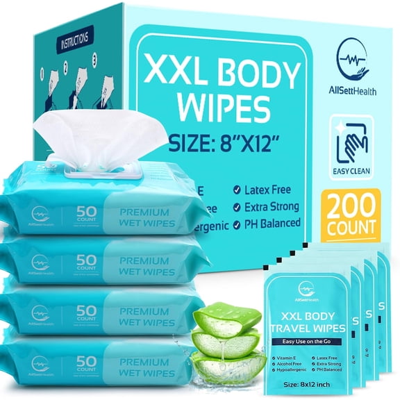 AllSett Health XL Body Wipes for Adults, 200 Count, Hypoallergenic, Aloe, Alcohol-Free, 8 x 12 In