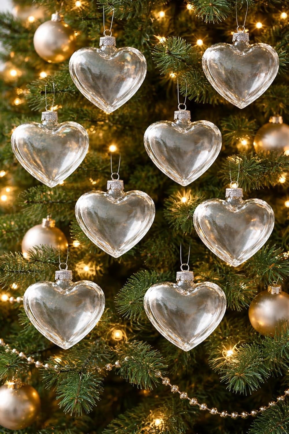 4E's Novelty 12 Pcs Fillable Glass Heart Ornaments 60mm Clear DIY Christmas Tree Decor Crafts Gifts