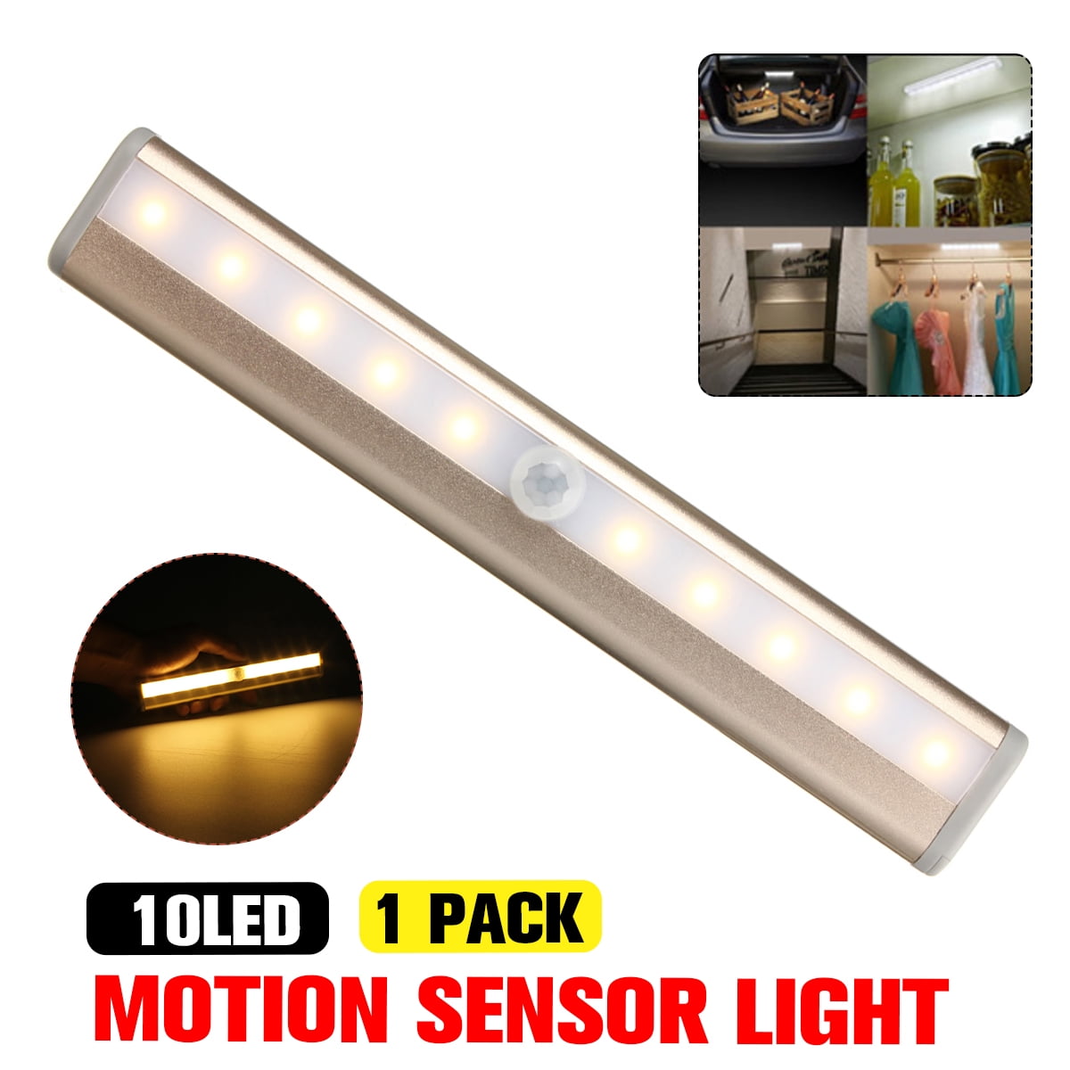 10 LED Wireless PIR Motion Sensor Closet Cabinet LED Night Stairs Step Light Bar 