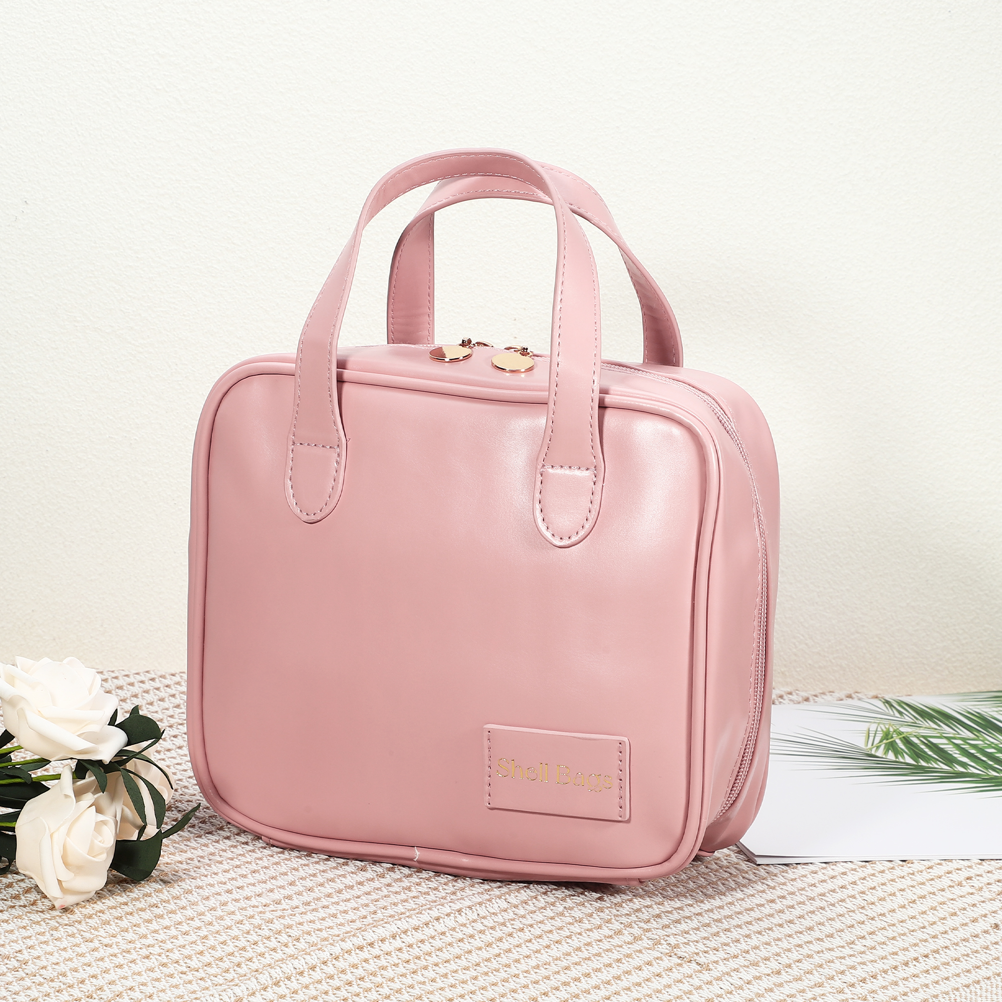 Unique Bargains Handhold Cosmetic Bag Portable Makeup Bag Makeup Pouch Bag w Handle Pink