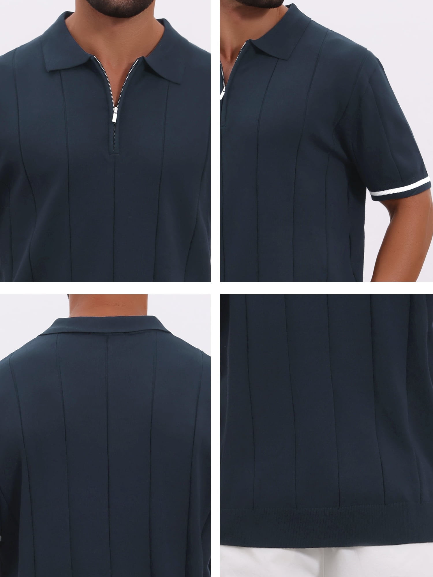DARING DIVA Men's Textured Zip Up Ribbed Hem Short Sleeve Golf Polo Shirts M Navy Blue