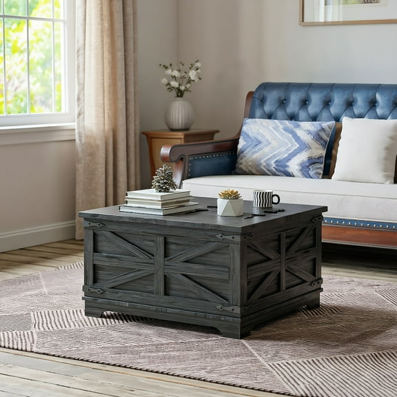 GVN Coffee Table,Side Tables,Farmhouse Coffee Table, Square Center Table with Flip-top Lids, Distressed Black